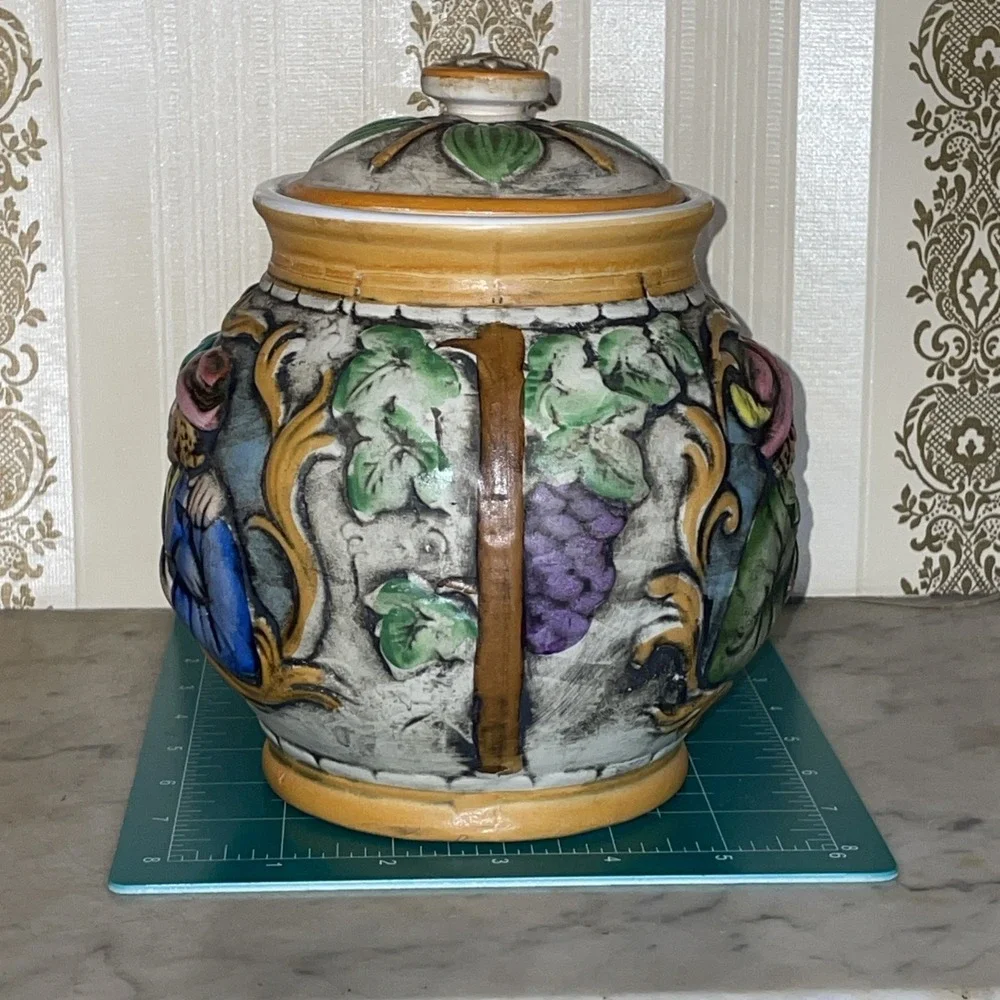 Vintage Ceramic Bavarian Biscuit or‎ Tobacco Jar | Hand Painted Lovers in Relief